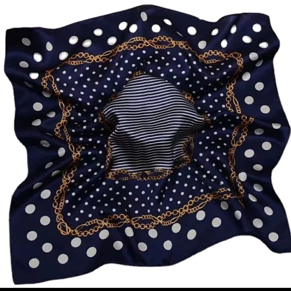 Women Silky Scarf Square Chain Print Polka Dot Navy Blue Head Scarf Satin Shawl - Picture 3 of 4